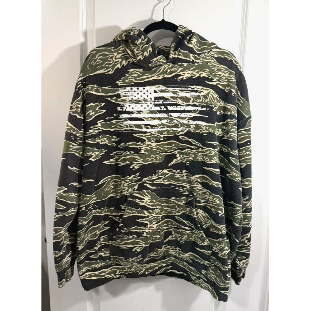 black green camo Hoodie Mens XL  Long Sleeve American Flag arm patch *flaw